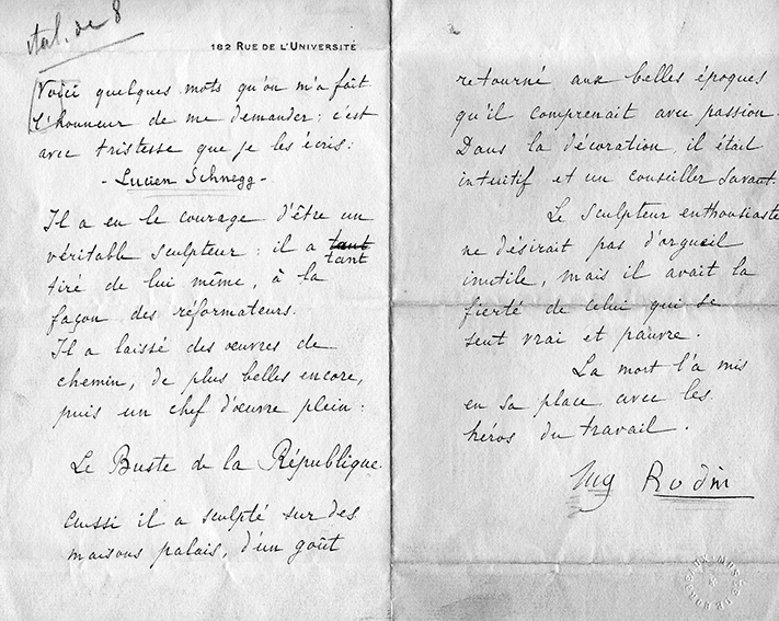 Image : Lettre d'hommages écrite par Rodin au décès de Lucien Schnegg. Bordeaux, documentation du musée des Beaux-Arts