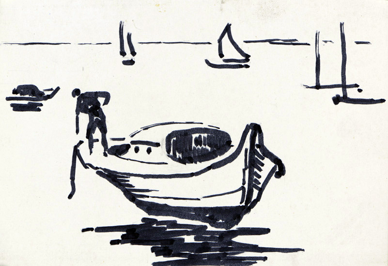 R. RODES, Levée d'ancre sur une pinasse, Bassin d'Arcachon. Encre, 1960. Collection particulière