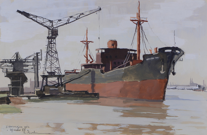 R. RODES, Cargo à quai sur la rive droite, Bordeaux. Gouache, 1955. Collection particulière